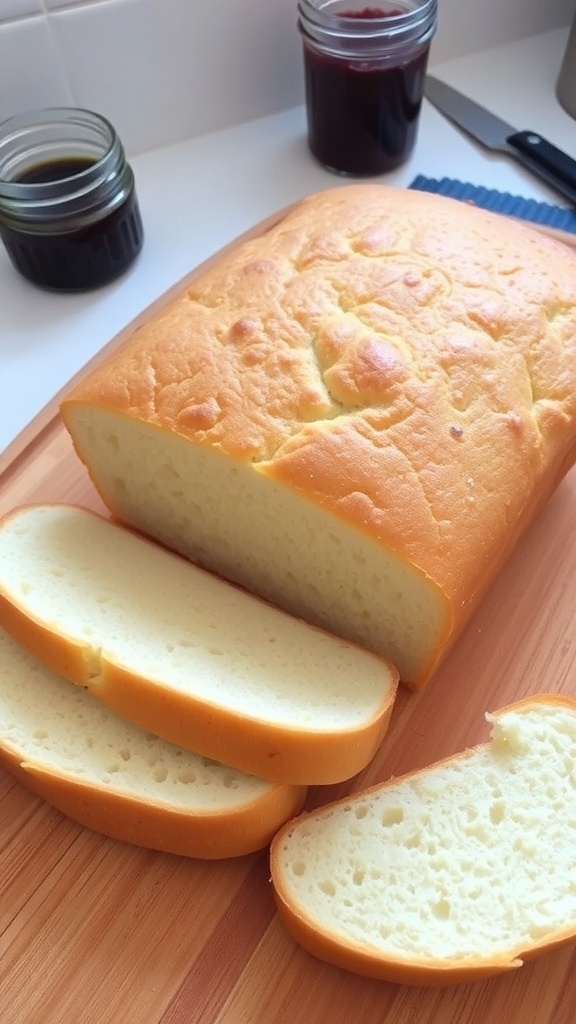 Homemade Sandwich Bread Recipe Freshly baked homemade sandwich bread loaf with slices on a cutting board.